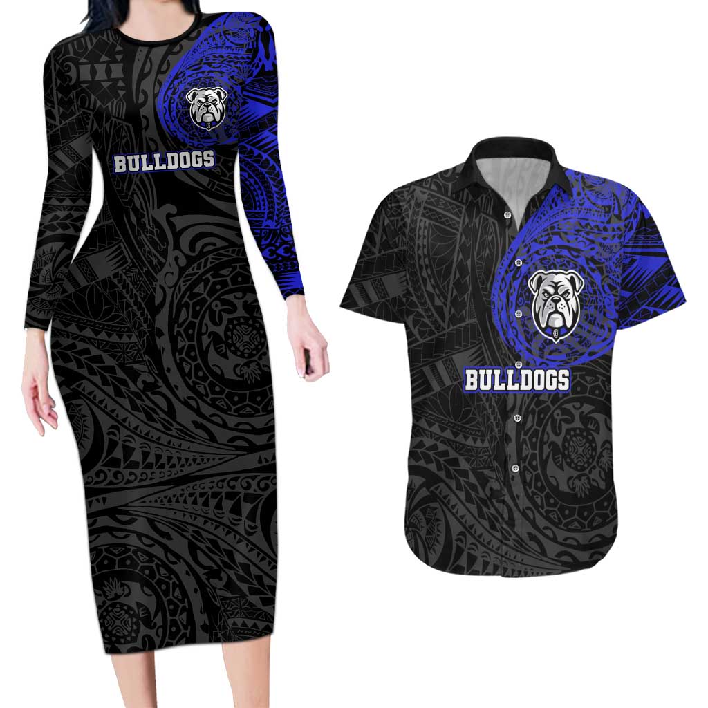 Personalized Canterbury-Bankstown Bulldogs Couples Matching Long Sleeve Bodycon Dress and Hawaiian Shirt Polynesian Tribal Chest and Sleeve Tattoo