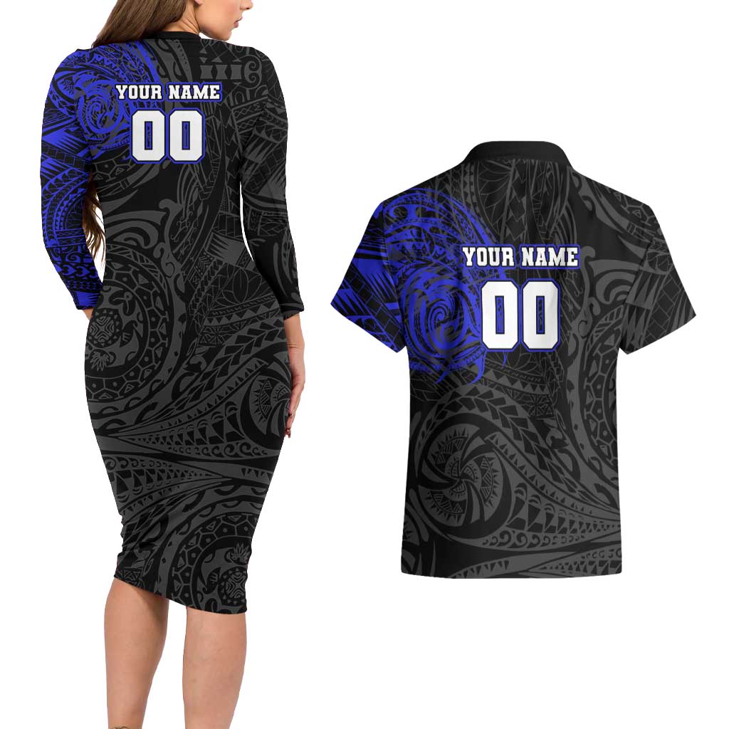 Personalized Canterbury-Bankstown Bulldogs Couples Matching Long Sleeve Bodycon Dress and Hawaiian Shirt Polynesian Tribal Chest and Sleeve Tattoo