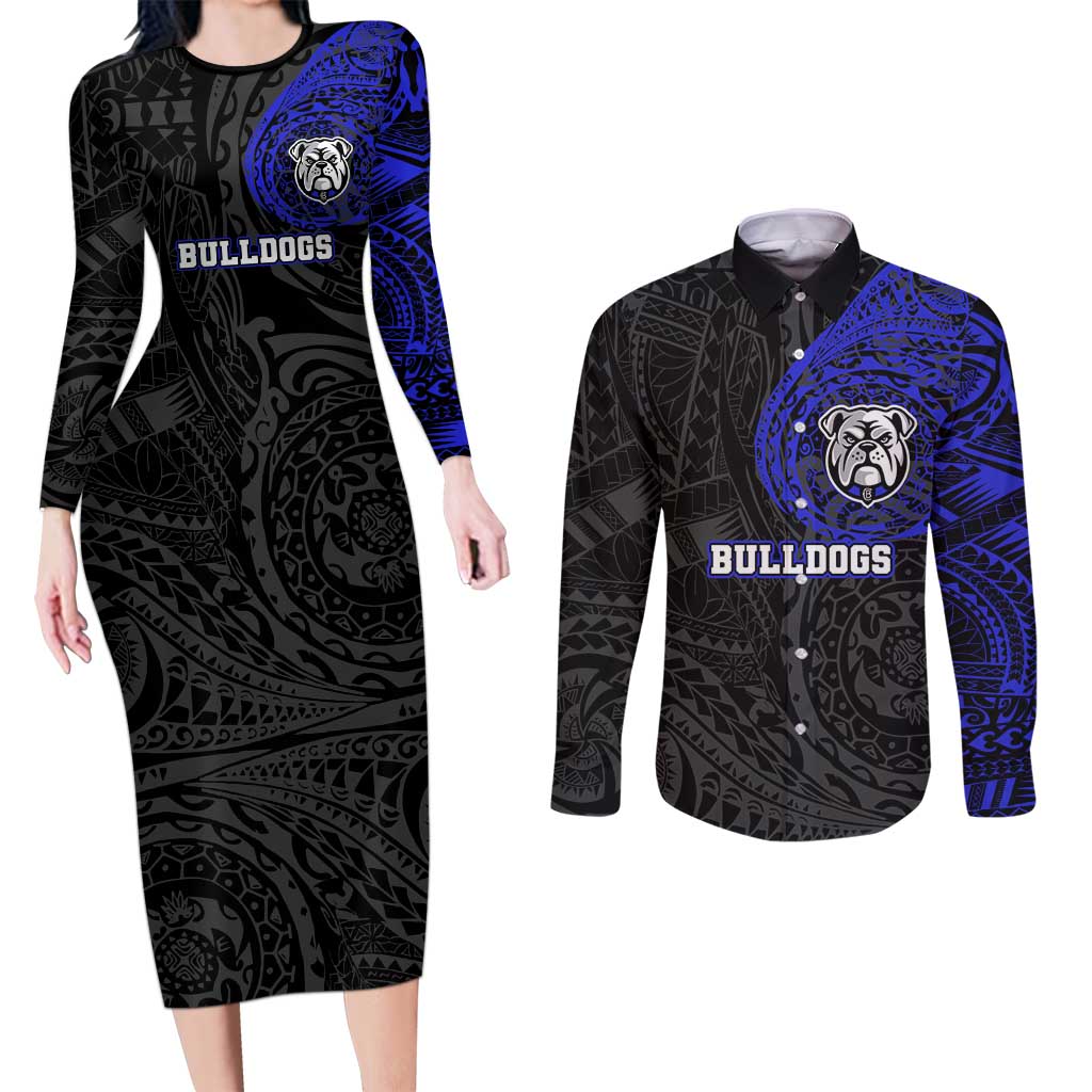 Personalized Canterbury-Bankstown Bulldogs Couples Matching Long Sleeve Bodycon Dress and Long Sleeve Button Shirt Polynesian Tribal Chest and Sleeve Tattoo