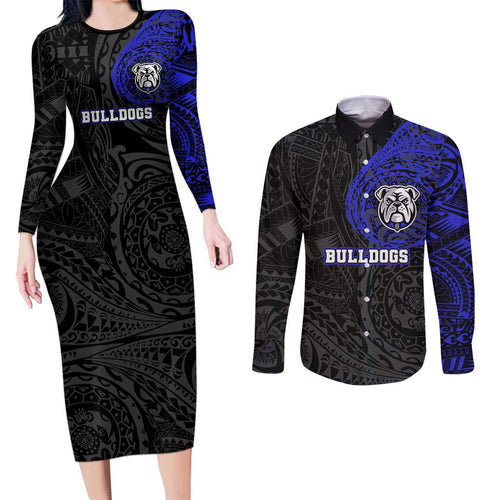 Personalized Canterbury-Bankstown Bulldogs Couples Matching Long Sleeve Bodycon Dress and Long Sleeve Button Shirt Polynesian Tribal Chest and Sleeve Tattoo