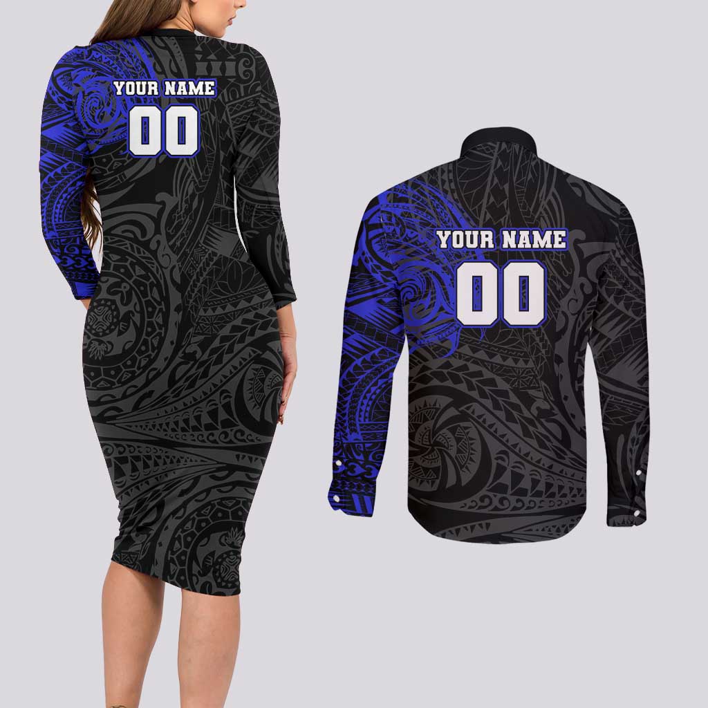 Personalized Canterbury-Bankstown Bulldogs Couples Matching Long Sleeve Bodycon Dress and Long Sleeve Button Shirt Polynesian Tribal Chest and Sleeve Tattoo