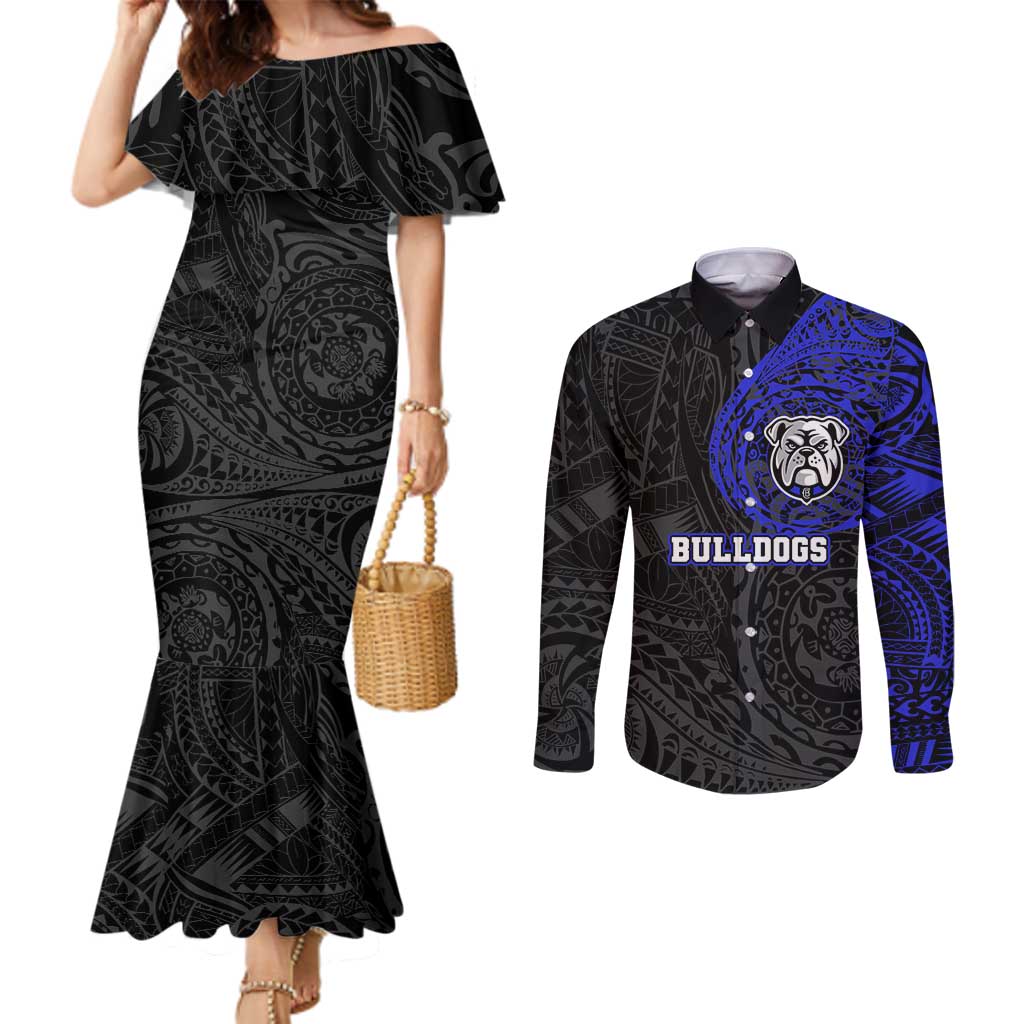 Personalized Canterbury-Bankstown Bulldogs Couples Matching Mermaid Dress and Long Sleeve Button Shirt Polynesian Tribal Chest and Sleeve Tattoo