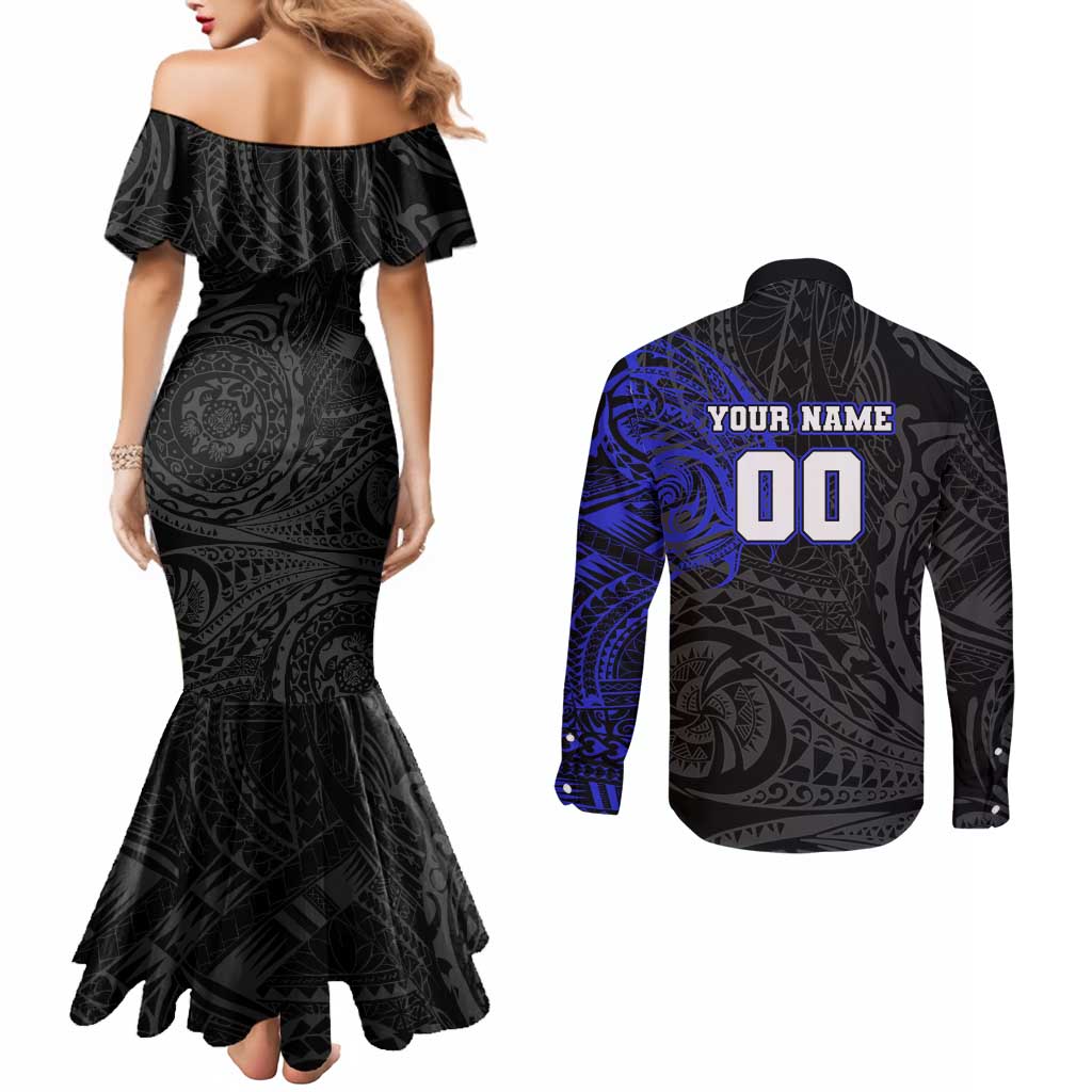Personalized Canterbury-Bankstown Bulldogs Couples Matching Mermaid Dress and Long Sleeve Button Shirt Polynesian Tribal Chest and Sleeve Tattoo