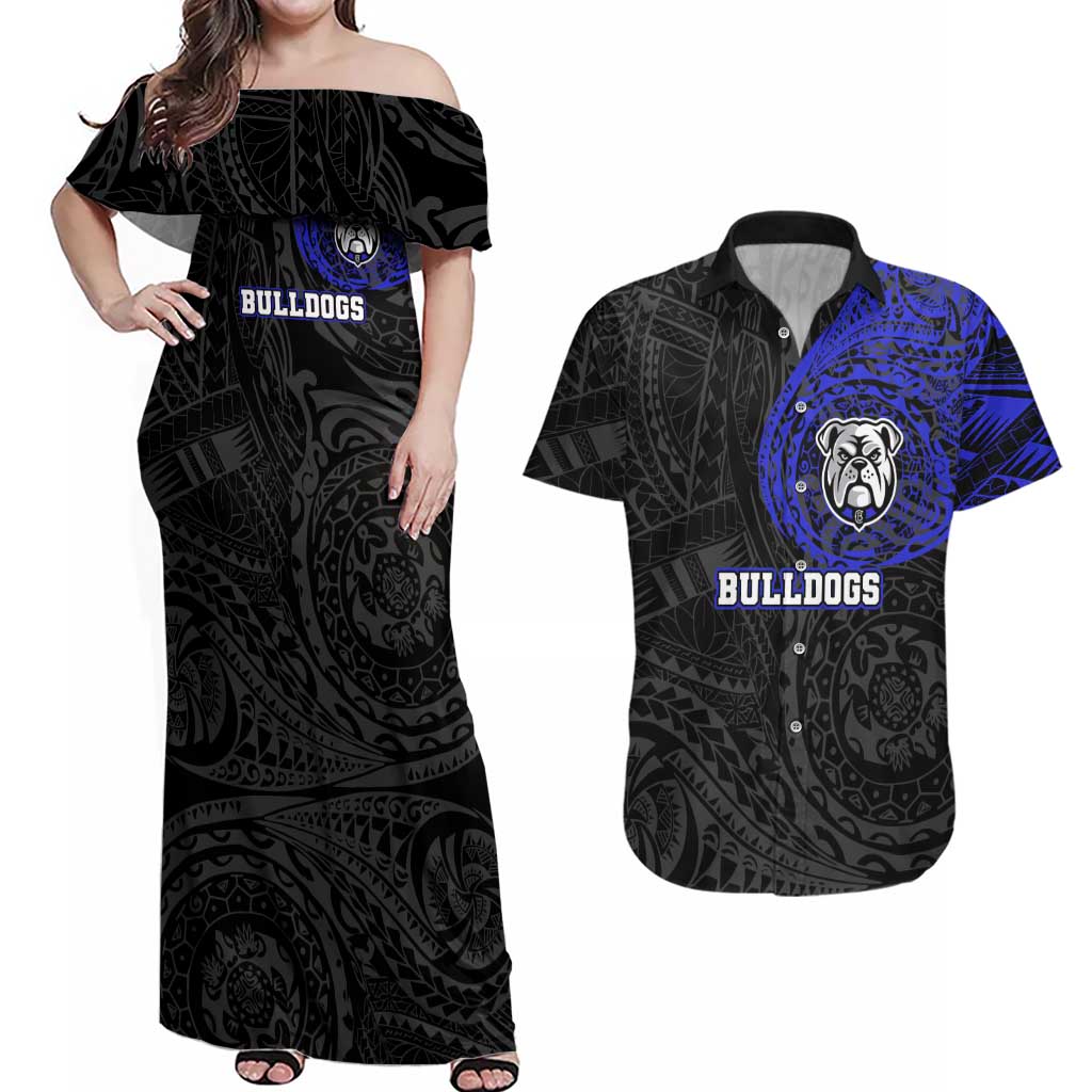 Personalized Canterbury-Bankstown Bulldogs Couples Matching Off Shoulder Maxi Dress and Hawaiian Shirt Polynesian Tribal Chest and Sleeve Tattoo