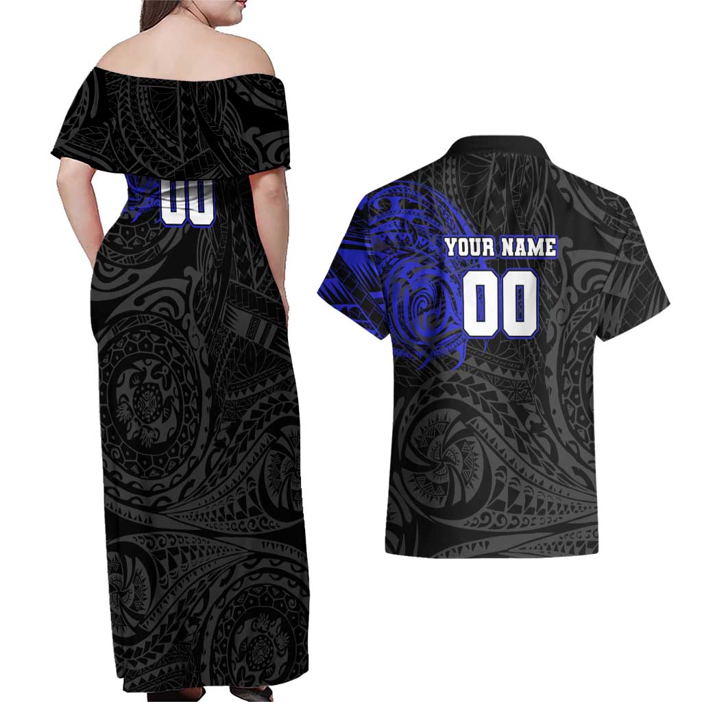 Personalized Canterbury-Bankstown Bulldogs Couples Matching Off Shoulder Maxi Dress and Hawaiian Shirt Polynesian Tribal Chest and Sleeve Tattoo