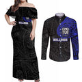 Personalized Canterbury-Bankstown Bulldogs Couples Matching Off Shoulder Maxi Dress and Long Sleeve Button Shirt Polynesian Tribal Chest and Sleeve Tattoo