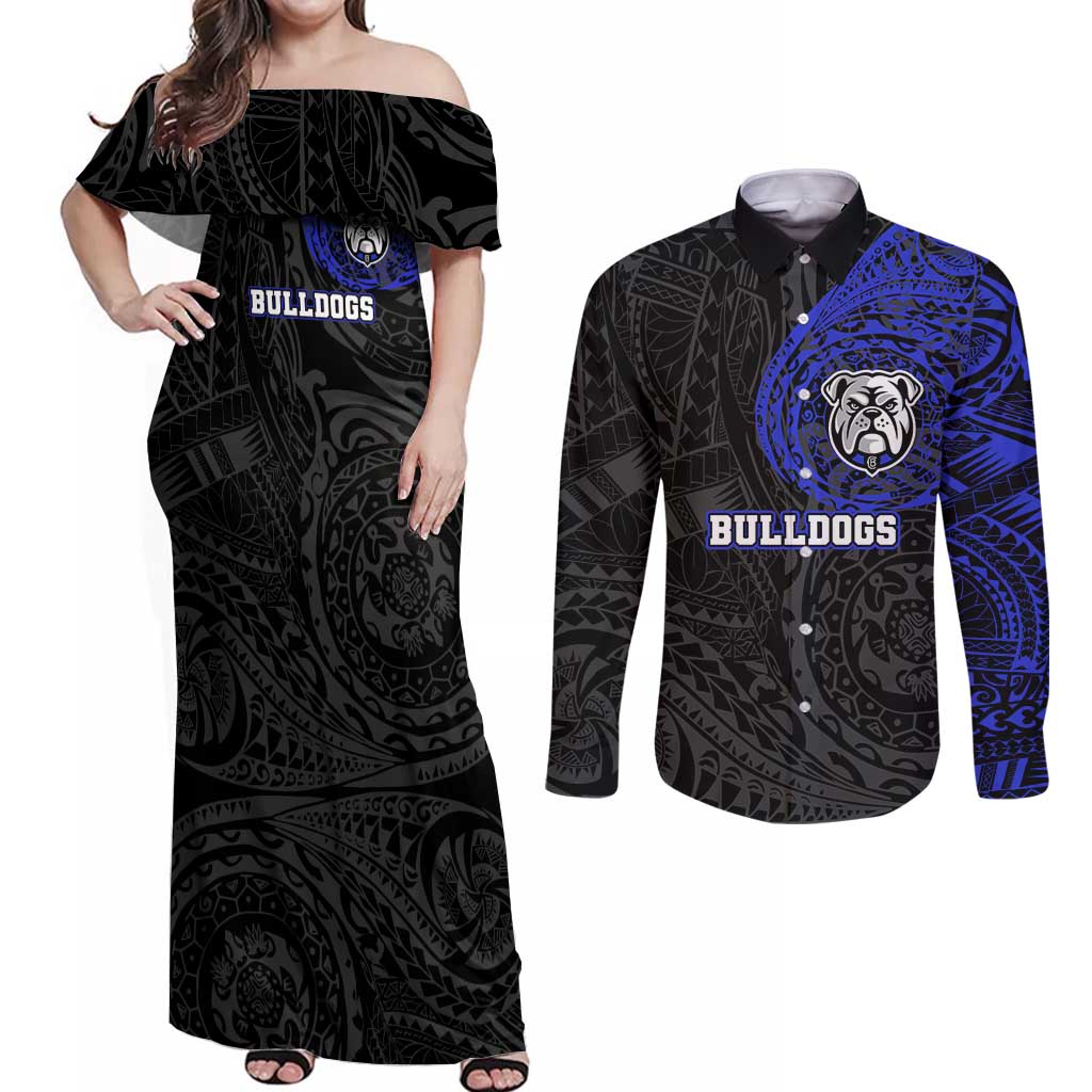 Personalized Canterbury-Bankstown Bulldogs Couples Matching Off Shoulder Maxi Dress and Long Sleeve Button Shirt Polynesian Tribal Chest and Sleeve Tattoo