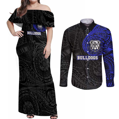 Personalized Canterbury-Bankstown Bulldogs Couples Matching Off Shoulder Maxi Dress and Long Sleeve Button Shirt Polynesian Tribal Chest and Sleeve Tattoo