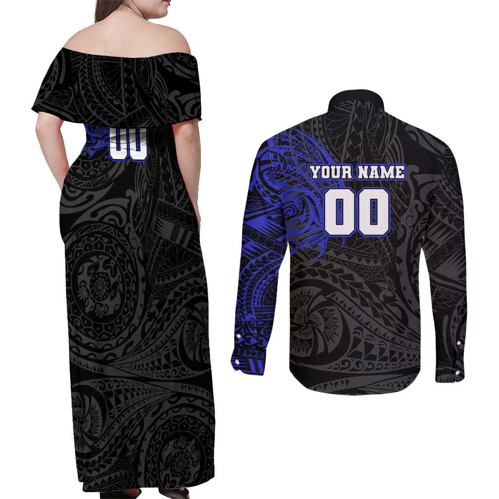 Personalized Canterbury-Bankstown Bulldogs Couples Matching Off Shoulder Maxi Dress and Long Sleeve Button Shirt Polynesian Tribal Chest and Sleeve Tattoo