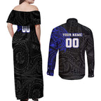 Personalized Canterbury-Bankstown Bulldogs Couples Matching Off Shoulder Maxi Dress and Long Sleeve Button Shirt Polynesian Tribal Chest and Sleeve Tattoo
