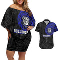 Personalized Canterbury-Bankstown Bulldogs Couples Matching Off Shoulder Short Dress and Hawaiian Shirt Polynesian Tribal Chest and Sleeve Tattoo