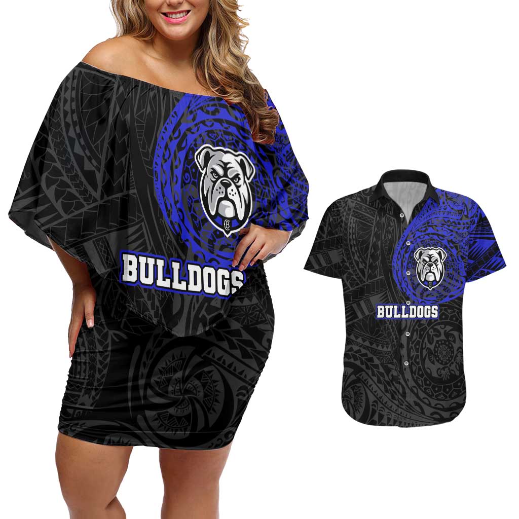 Personalized Canterbury-Bankstown Bulldogs Couples Matching Off Shoulder Short Dress and Hawaiian Shirt Polynesian Tribal Chest and Sleeve Tattoo