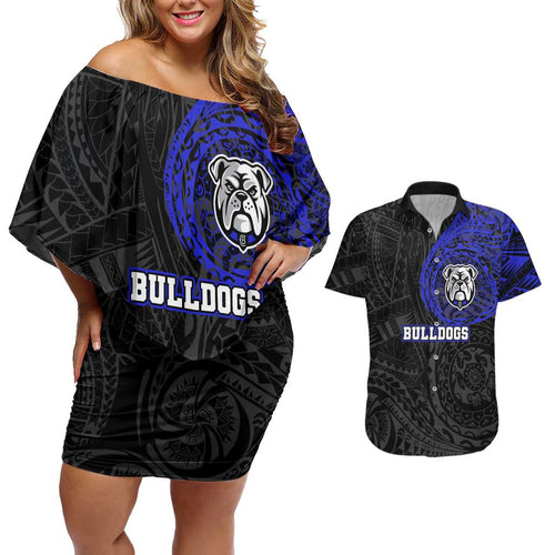 Personalized Canterbury-Bankstown Bulldogs Couples Matching Off Shoulder Short Dress and Hawaiian Shirt Polynesian Tribal Chest and Sleeve Tattoo
