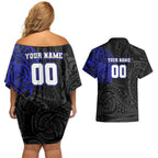 Personalized Canterbury-Bankstown Bulldogs Couples Matching Off Shoulder Short Dress and Hawaiian Shirt Polynesian Tribal Chest and Sleeve Tattoo