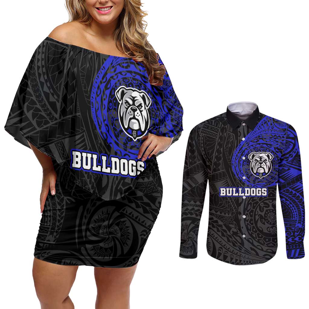 Personalized Canterbury-Bankstown Bulldogs Couples Matching Off Shoulder Short Dress and Long Sleeve Button Shirt Polynesian Tribal Chest and Sleeve Tattoo