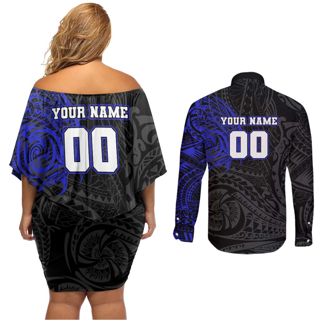Personalized Canterbury-Bankstown Bulldogs Couples Matching Off Shoulder Short Dress and Long Sleeve Button Shirt Polynesian Tribal Chest and Sleeve Tattoo