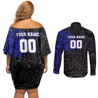 Personalized Canterbury-Bankstown Bulldogs Couples Matching Off Shoulder Short Dress and Long Sleeve Button Shirt Polynesian Tribal Chest and Sleeve Tattoo