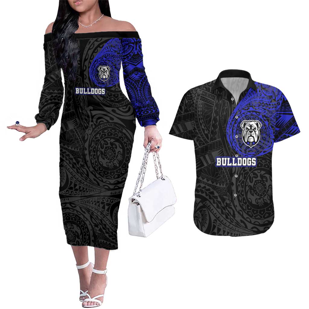Personalized Canterbury-Bankstown Bulldogs Couples Matching Off The Shoulder Long Sleeve Dress and Hawaiian Shirt Polynesian Tribal Chest and Sleeve Tattoo
