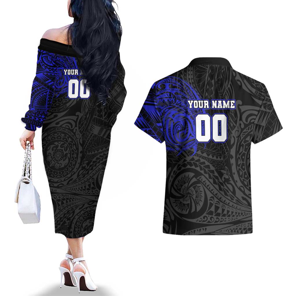 Personalized Canterbury-Bankstown Bulldogs Couples Matching Off The Shoulder Long Sleeve Dress and Hawaiian Shirt Polynesian Tribal Chest and Sleeve Tattoo