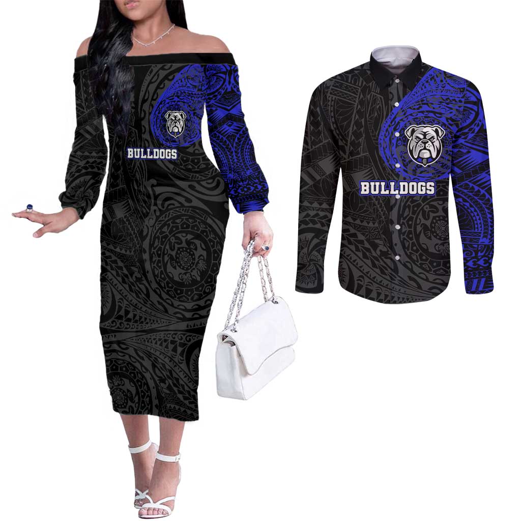 Personalized Canterbury-Bankstown Bulldogs Couples Matching Off The Shoulder Long Sleeve Dress and Long Sleeve Button Shirt Polynesian Tribal Chest and Sleeve Tattoo