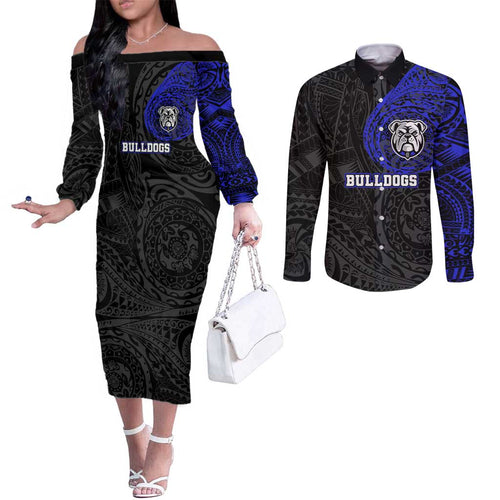 Personalized Canterbury-Bankstown Bulldogs Couples Matching Off The Shoulder Long Sleeve Dress and Long Sleeve Button Shirt Polynesian Tribal Chest and Sleeve Tattoo
