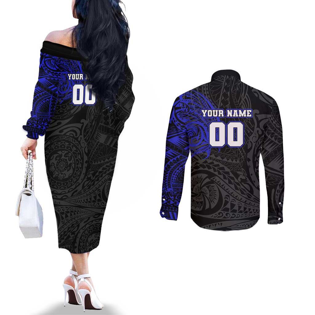 Personalized Canterbury-Bankstown Bulldogs Couples Matching Off The Shoulder Long Sleeve Dress and Long Sleeve Button Shirt Polynesian Tribal Chest and Sleeve Tattoo