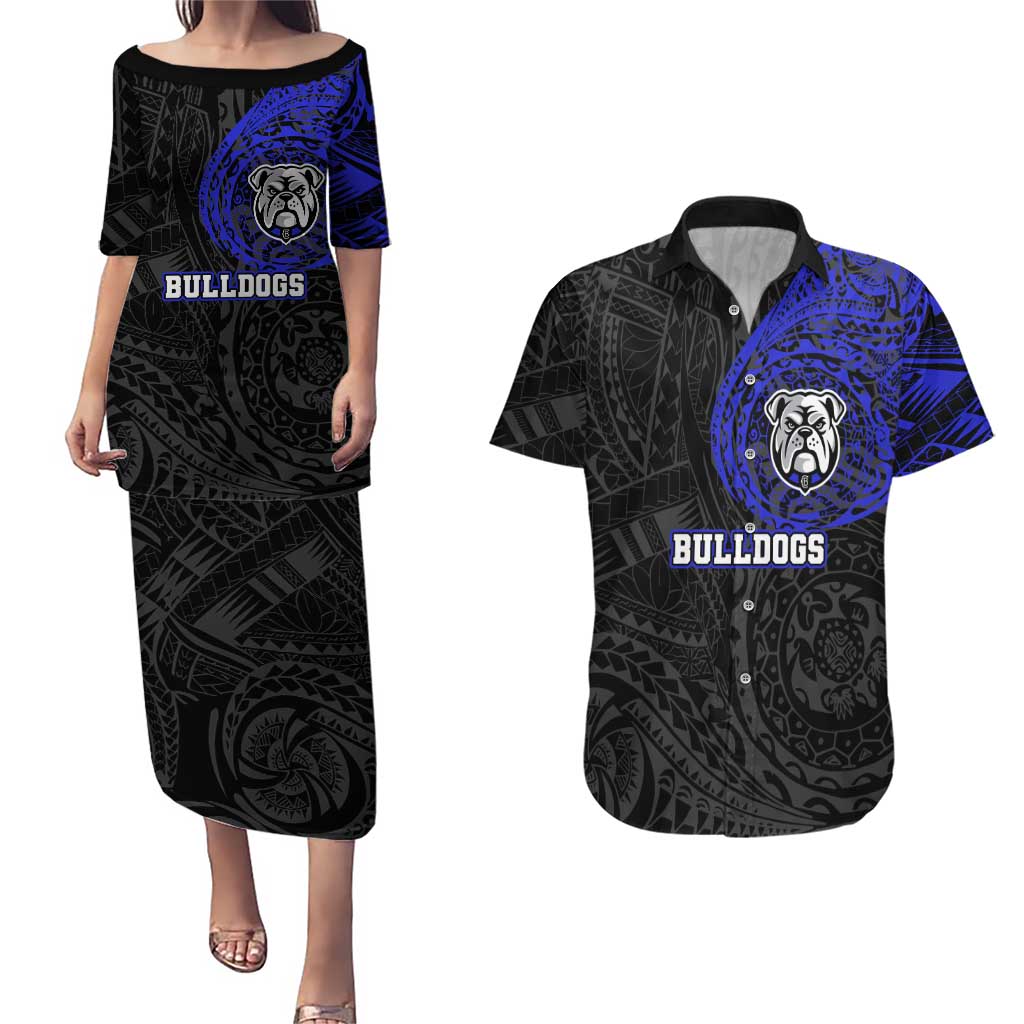 Personalized Canterbury-Bankstown Bulldogs Couples Matching Puletasi and Hawaiian Shirt Polynesian Tribal Chest and Sleeve Tattoo