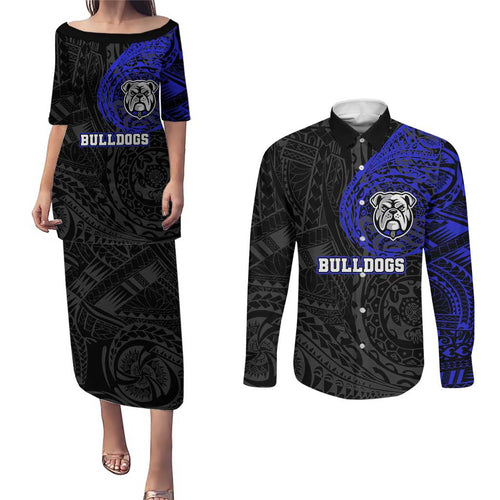 Personalized Canterbury-Bankstown Bulldogs Couples Matching Puletasi and Long Sleeve Button Shirt Polynesian Tribal Chest and Sleeve Tattoo