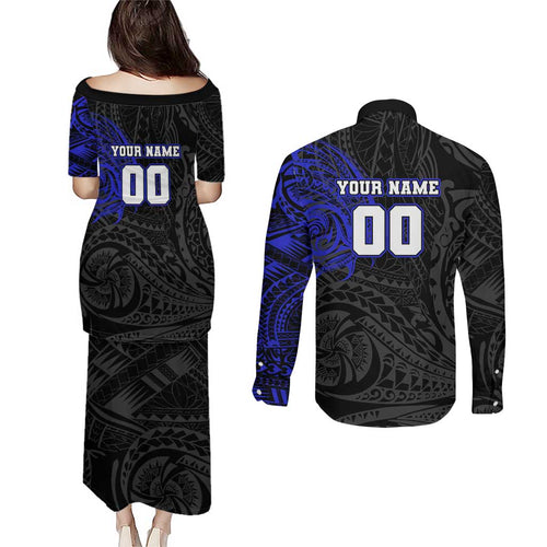 Personalized Canterbury-Bankstown Bulldogs Couples Matching Puletasi and Long Sleeve Button Shirt Polynesian Tribal Chest and Sleeve Tattoo