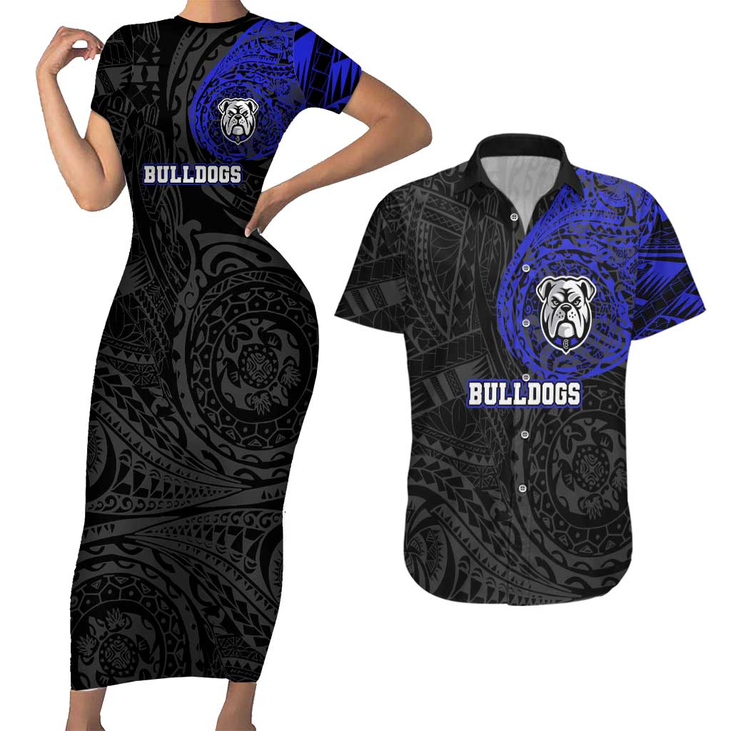 Personalized Canterbury-Bankstown Bulldogs Couples Matching Short Sleeve Bodycon Dress and Hawaiian Shirt Polynesian Tribal Chest and Sleeve Tattoo
