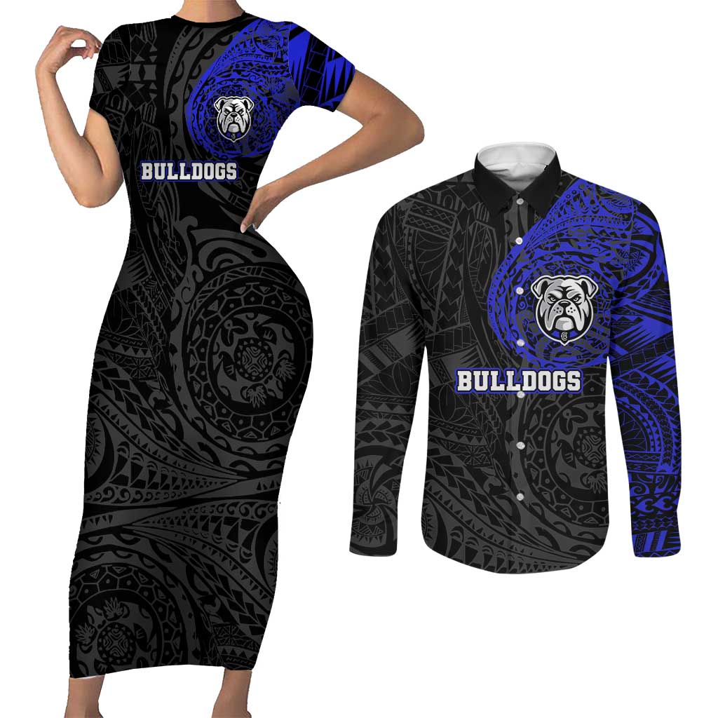Personalized Canterbury-Bankstown Bulldogs Couples Matching Short Sleeve Bodycon Dress and Long Sleeve Button Shirt Polynesian Tribal Chest and Sleeve Tattoo