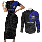 Personalized Canterbury-Bankstown Bulldogs Couples Matching Short Sleeve Bodycon Dress and Long Sleeve Button Shirt Polynesian Tribal Chest and Sleeve Tattoo