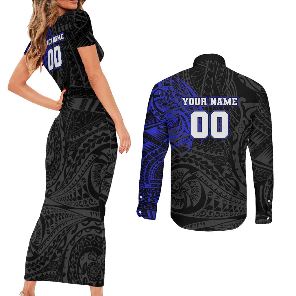 Personalized Canterbury-Bankstown Bulldogs Couples Matching Short Sleeve Bodycon Dress and Long Sleeve Button Shirt Polynesian Tribal Chest and Sleeve Tattoo
