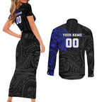 Personalized Canterbury-Bankstown Bulldogs Couples Matching Short Sleeve Bodycon Dress and Long Sleeve Button Shirt Polynesian Tribal Chest and Sleeve Tattoo