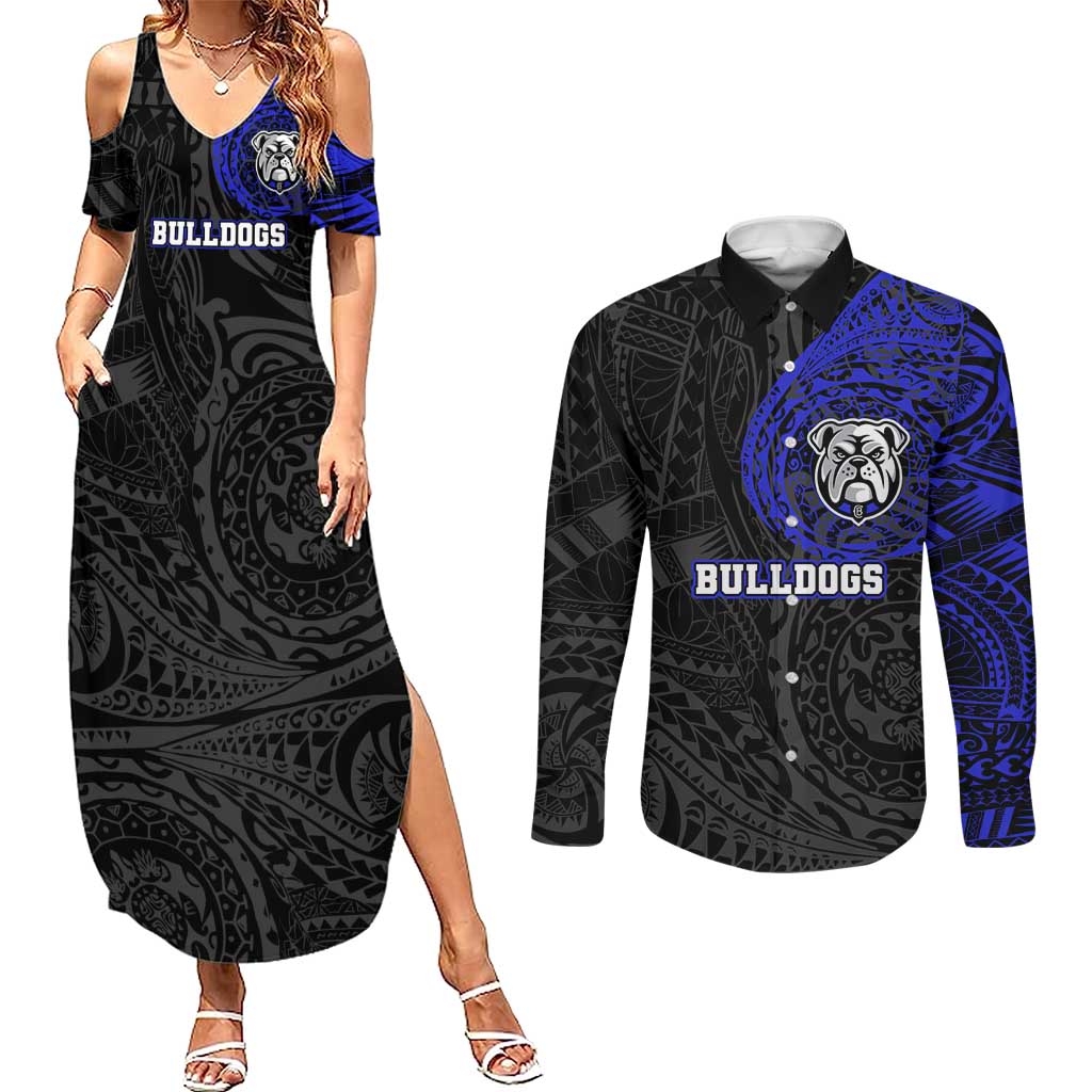 Personalized Canterbury-Bankstown Bulldogs Couples Matching Summer Maxi Dress and Long Sleeve Button Shirt Polynesian Tribal Chest and Sleeve Tattoo