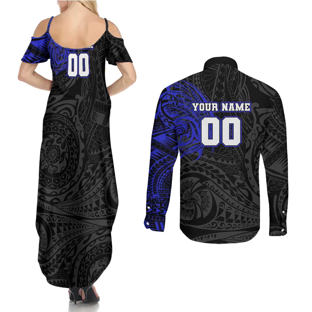 Personalized Canterbury-Bankstown Bulldogs Couples Matching Summer Maxi Dress and Long Sleeve Button Shirt Polynesian Tribal Chest and Sleeve Tattoo