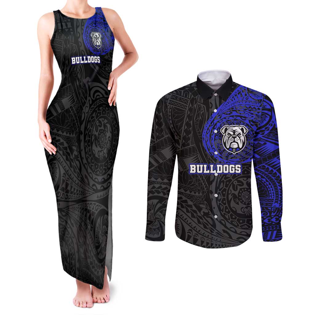 Personalized Canterbury-Bankstown Bulldogs Couples Matching Tank Maxi Dress and Long Sleeve Button Shirt Polynesian Tribal Chest and Sleeve Tattoo