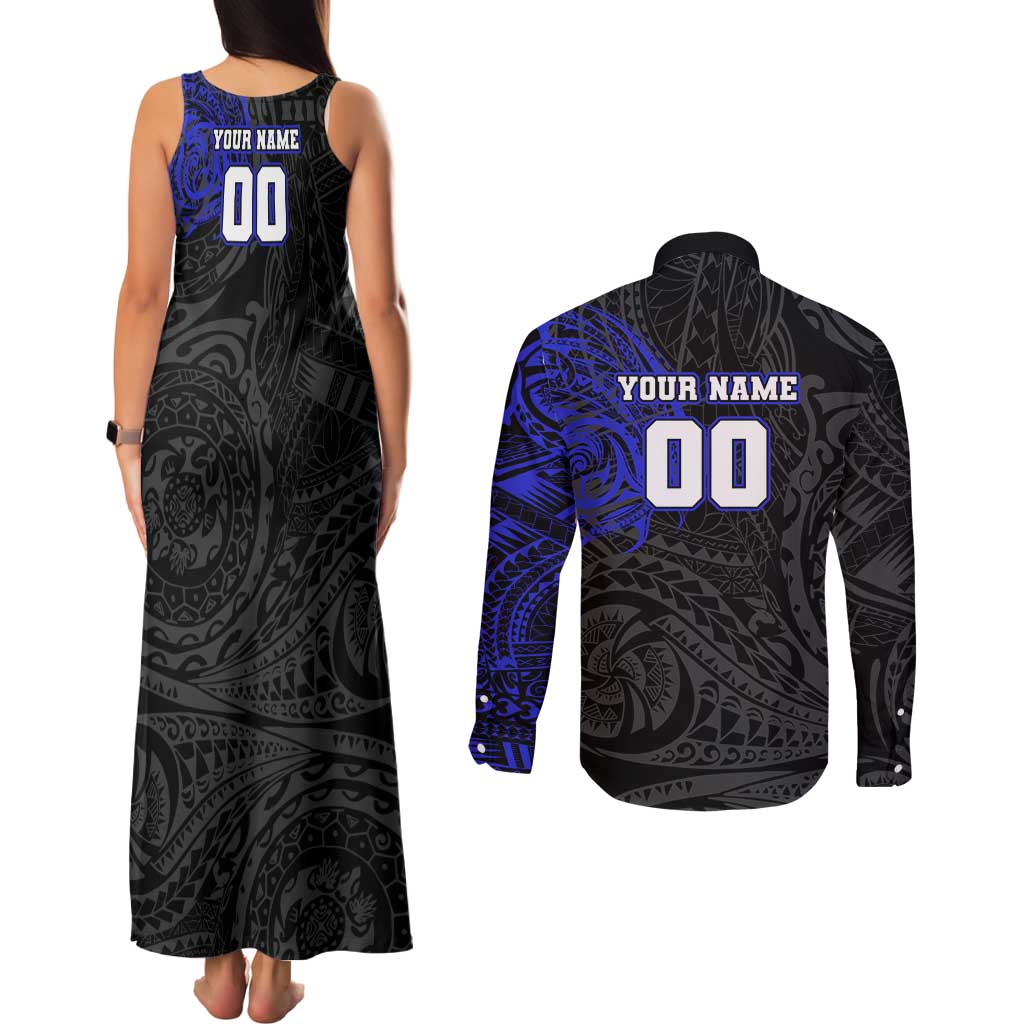 Personalized Canterbury-Bankstown Bulldogs Couples Matching Tank Maxi Dress and Long Sleeve Button Shirt Polynesian Tribal Chest and Sleeve Tattoo