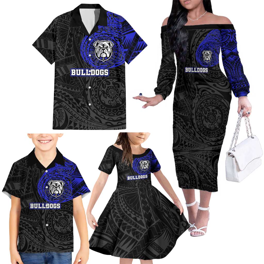 Personalized Canterbury-Bankstown Bulldogs Family Matching Off The Shoulder Long Sleeve Dress and Hawaiian Shirt Polynesian Tribal Chest and Sleeve Tattoo
