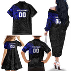 Personalized Canterbury-Bankstown Bulldogs Family Matching Off The Shoulder Long Sleeve Dress and Hawaiian Shirt Polynesian Tribal Chest and Sleeve Tattoo