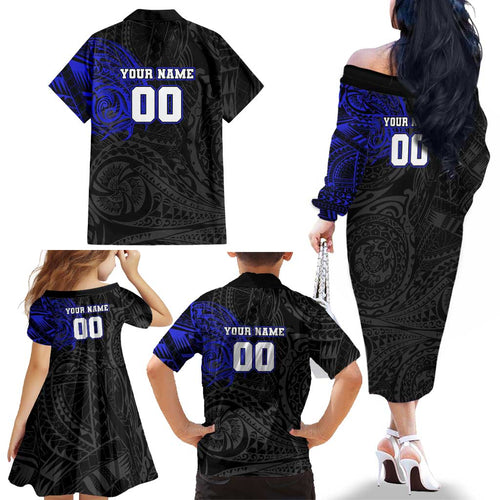 Personalized Canterbury-Bankstown Bulldogs Family Matching Off The Shoulder Long Sleeve Dress and Hawaiian Shirt Polynesian Tribal Chest and Sleeve Tattoo