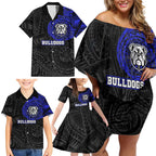 Personalized Canterbury-Bankstown Bulldogs Family Matching Off Shoulder Short Dress and Hawaiian Shirt Polynesian Tribal Chest and Sleeve Tattoo