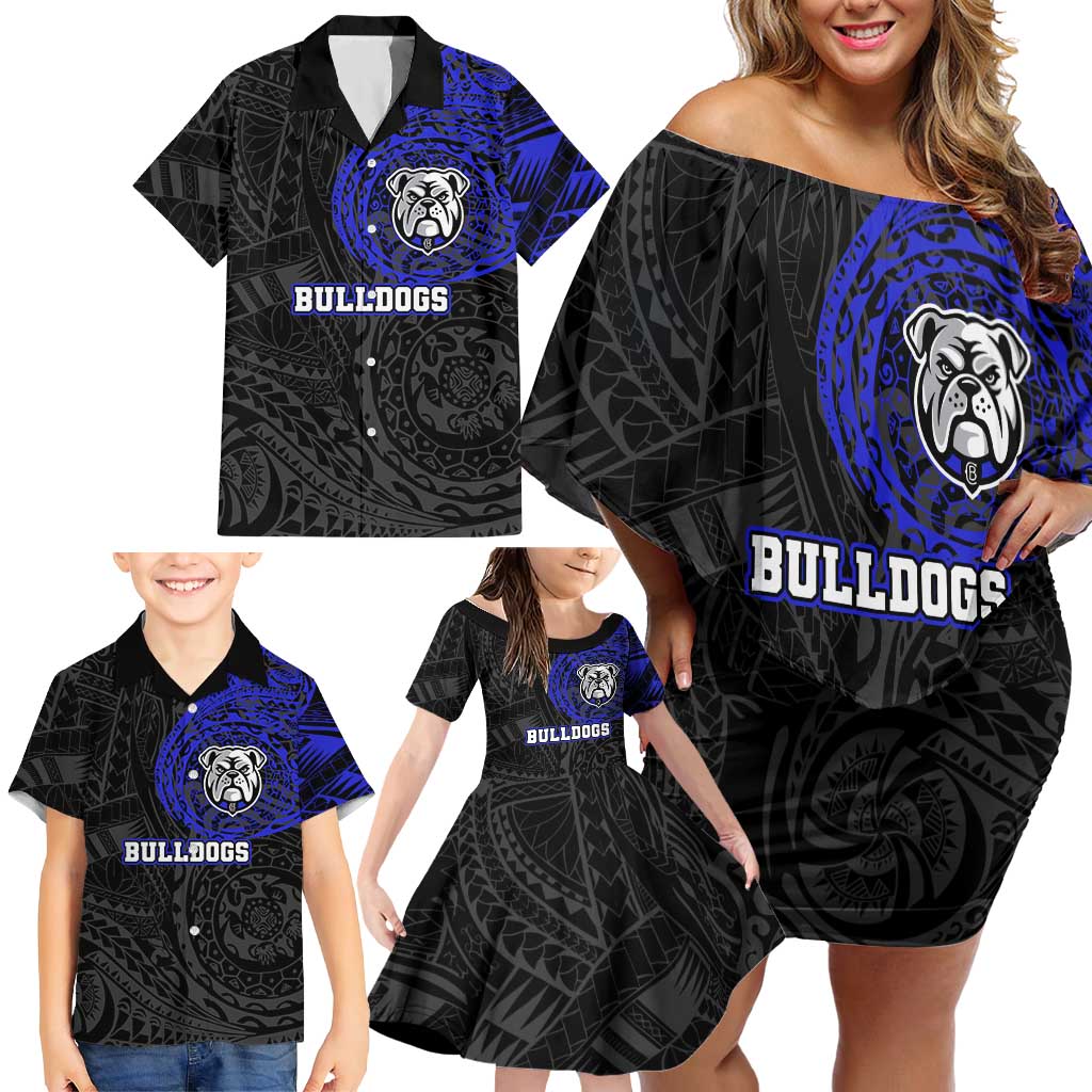 Personalized Canterbury-Bankstown Bulldogs Family Matching Off Shoulder Short Dress and Hawaiian Shirt Polynesian Tribal Chest and Sleeve Tattoo