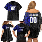 Personalized Canterbury-Bankstown Bulldogs Family Matching Off Shoulder Short Dress and Hawaiian Shirt Polynesian Tribal Chest and Sleeve Tattoo
