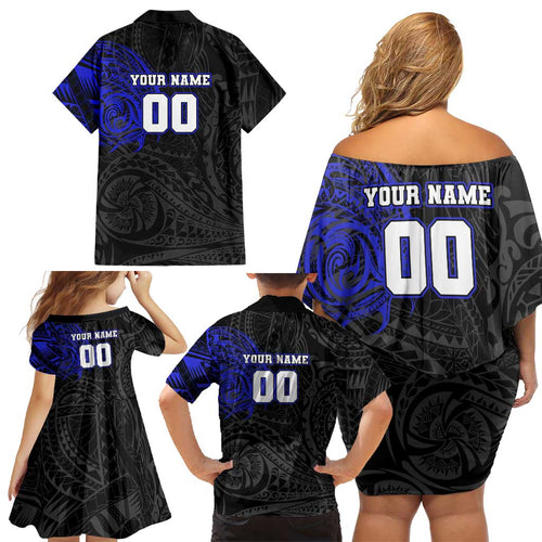 Personalized Canterbury-Bankstown Bulldogs Family Matching Off Shoulder Short Dress and Hawaiian Shirt Polynesian Tribal Chest and Sleeve Tattoo