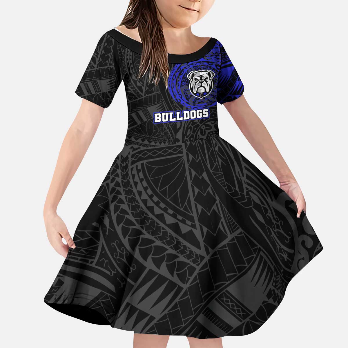 Personalized Canterbury-Bankstown Bulldogs Kid Short Sleeve Dress Polynesian Tribal Chest and Sleeve Tattoo
