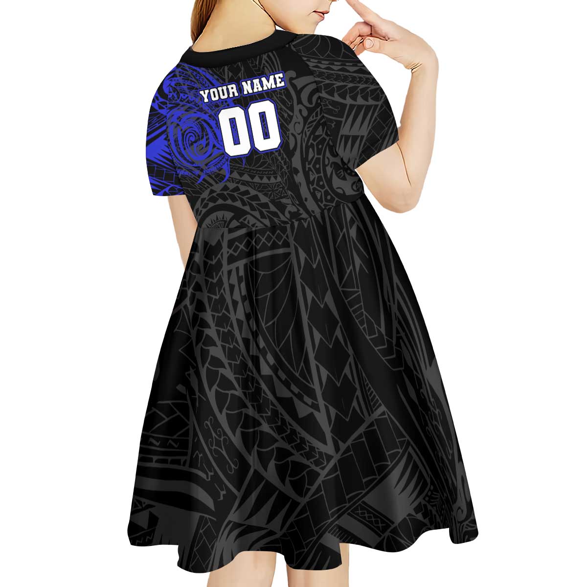 Personalized Canterbury-Bankstown Bulldogs Kid Short Sleeve Dress Polynesian Tribal Chest and Sleeve Tattoo