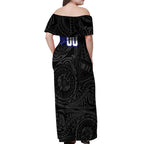 Personalized Canterbury-Bankstown Bulldogs Off Shoulder Maxi Dress Polynesian Tribal Chest and Sleeve Tattoo