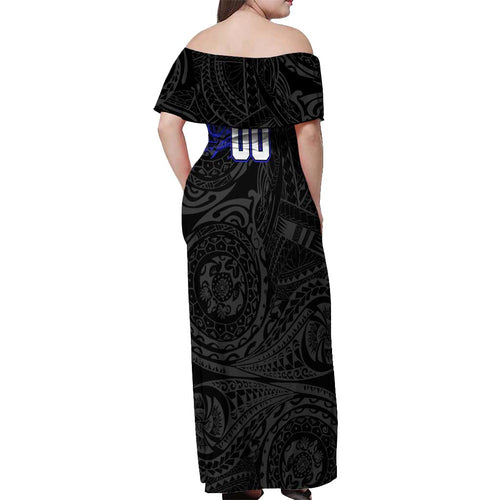 Personalized Canterbury-Bankstown Bulldogs Off Shoulder Maxi Dress Polynesian Tribal Chest and Sleeve Tattoo