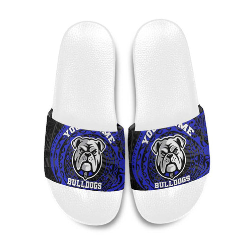 Personalized Canterbury-Bankstown Bulldogs Slide Sandals Polynesian Tribal Chest and Sleeve Tattoo